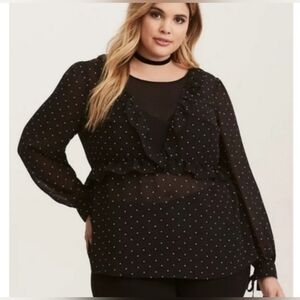 Torrrif Black Polka Dot Blouse with Ruffle Detail Size 1 (1X)